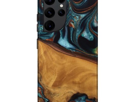 Galaxy S22 Ultra Wood Live Edge Phone Case - Brea (Teal & Gold, 744762) Sale