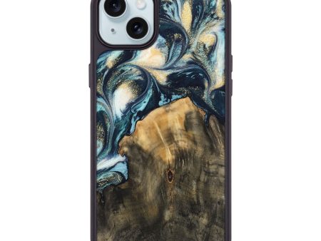 iPhone 15 Plus Wood Phone Case - Charo (Teal & Gold, 744713) For Sale