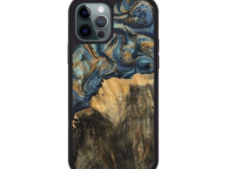 iPhone 12 Pro Wood Phone Case - Devinne (Teal & Gold, 744649) For Sale