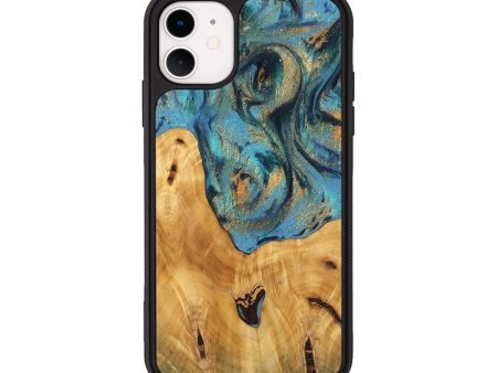 iPhone 11 Wood Phone Case - Radha (Teal & Gold, 744899) on Sale