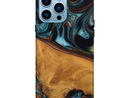 iPhone 14 Pro Max Wood Live Edge Phone Case - Brea (Teal & Gold, 744762) Online Sale