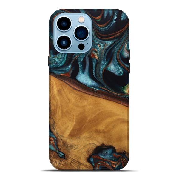 iPhone 14 Pro Max Wood Live Edge Phone Case - Brea (Teal & Gold, 744762) Online Sale